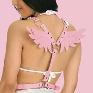 Pink Leather Harness Angel Wing Garter Belt Waistband Slave Fetish Bondage BDSM
